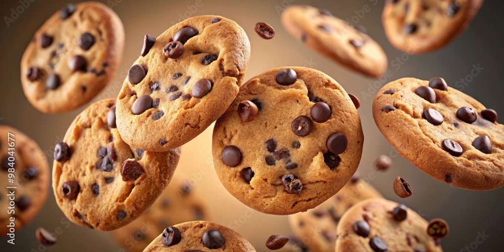Dynamic Close-Up of Golden Brown Chocolate Chip Cookies in Motion Against Soft Brown Background, Highlighting Rich Texture, Playful Composition, and Tempting Irresistibility Dynamic Close-Up of Golden Brown Chocolate Chip Cookies in Motion Against Soft Brown Background, Highlighting Rich Texture, Playful Composition, and Tempting Irresistibility