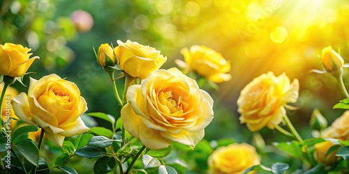 Fototapeta Naklejka Na Ścianę i Meble -  Asymmetrical arrangement of fresh yellow roses in sunny garden