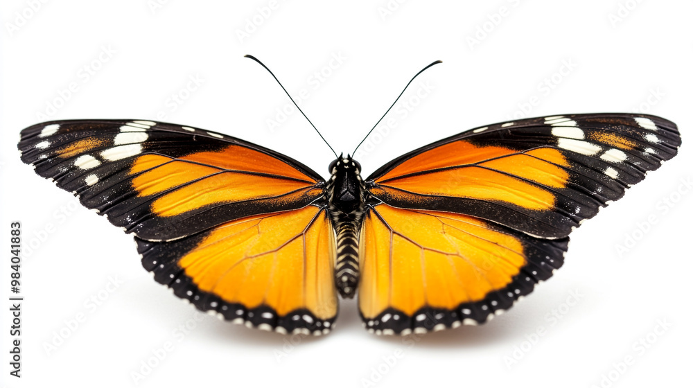 Fototapeta premium A vibrant monarch butterfly displaying its colorful wings against a white background