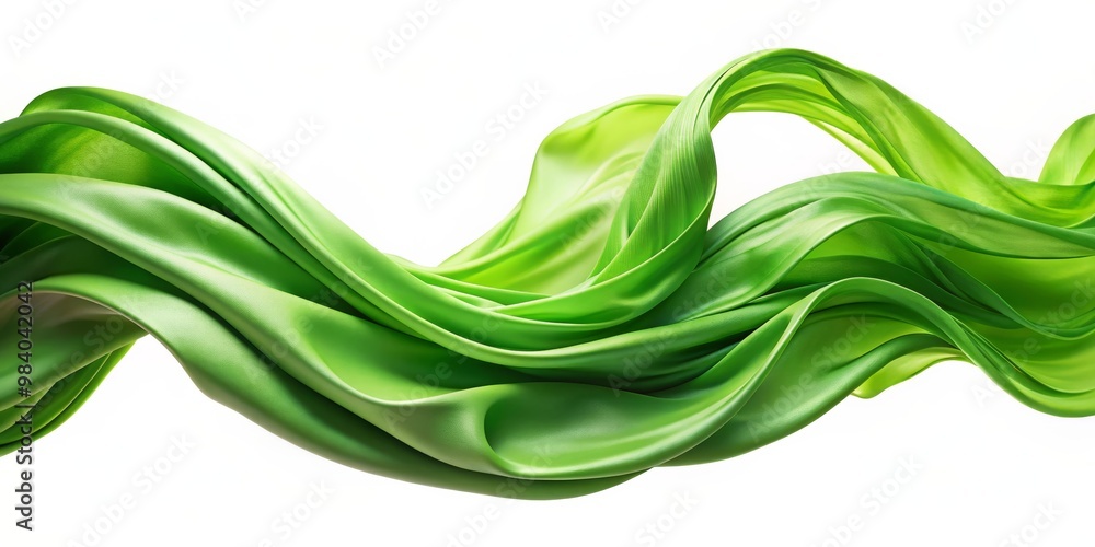Elegant Close-Up of Flowing Lime Green Satin Fabric in Wave-Like Pattern Against White Background, Showcasing Softness and Movement with Glossy Sheen and Subtle Textures Elegant Close-Up of Flowing Lime Green Satin Fabric in Wave-Like Pattern Against White Background, Showcasing Softness and Movement with Glossy Sheen and Subtle Textures