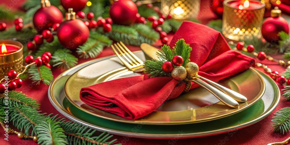 Elegant Close-Up of Festive Christmas Table Setting Gold and Green Plates, Red Napkin with Evergreen Sprig, Ornaments, and Candle, Enhanced by Warm Lighting for a Cheerful Elegant Close-Up of Festive Christmas Table Setting Gold and Green Plates, Red Napkin with Evergreen Sprig, Ornaments, and Candle, Enhanced by Warm Lighting for a Cheerful