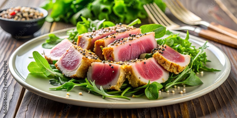 Elegant Close-Up of Seared Tuna Fillet with Black Peppercorns on Light Grey Plate, Complemented by Fresh Arugula and Spinach Salad with Quinoa, Against Rustic Wood Grain Elegant Close-Up of Seared Tuna Fillet with Black Peppercorns on Light Grey Plate, Complemented by Fresh Arugula and Spinach Salad with Quinoa, Against Rustic Wood Grain