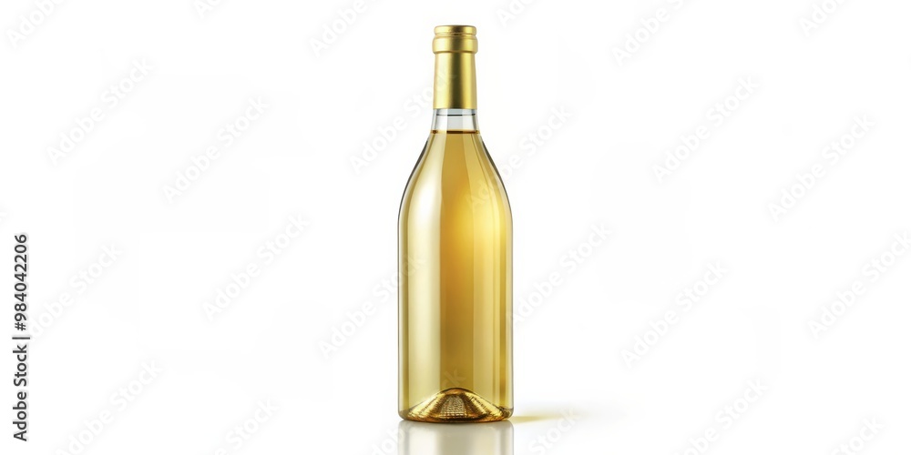 Elegant Minimalism Centered Clear Wine Bottle with Pale Yellow Liquid and Gold Cap Against Plain White Background, Reflecting Subtle Sophistication in Simple Composition Elegant Minimalism Centered Clear Wine Bottle with Pale Yellow Liquid and Gold Cap Against Plain White Background, Reflecting Subtle Sophistication in Simple Composition