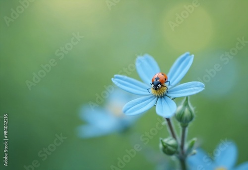 Macro photography of a ladybug on a light blue flower, blurred bokeh background, copy space on a side