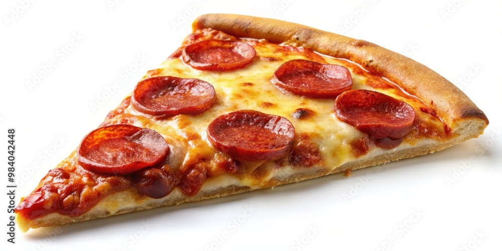 Elevated View of a Single Pepperoni Pizza Slice on White Surface, Showcasing Golden-Brown Crust, Melted Cheese, and Vibrant Red-Orange Pepperoni Against a Contrasting Background Elevated View of a Single Pepperoni Pizza Slice on White Surface, Showcasing Golden-Brown Crust, Melted Cheese, and Vibrant Red-Orange Pepperoni Against a Contrasting Background