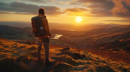Keuken achterwand Bruin A traveler enjoys a stunning sunset view over mountains and valleys. The golden light paints the sky and landscape in warm tones.  © Alex