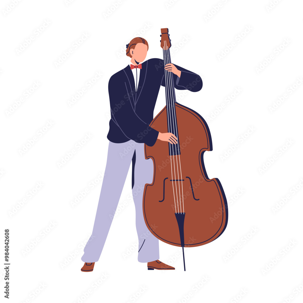 Musician playing double bass, performance with classical string instrument. Talented male professional in suit, performing music, jazz symphony. Flat vector illustration isolated on white background Musician playing double bass, performance with classical string instrument. Talented male professional in suit, performing music, jazz symphony. Flat vector illustration isolated on white background