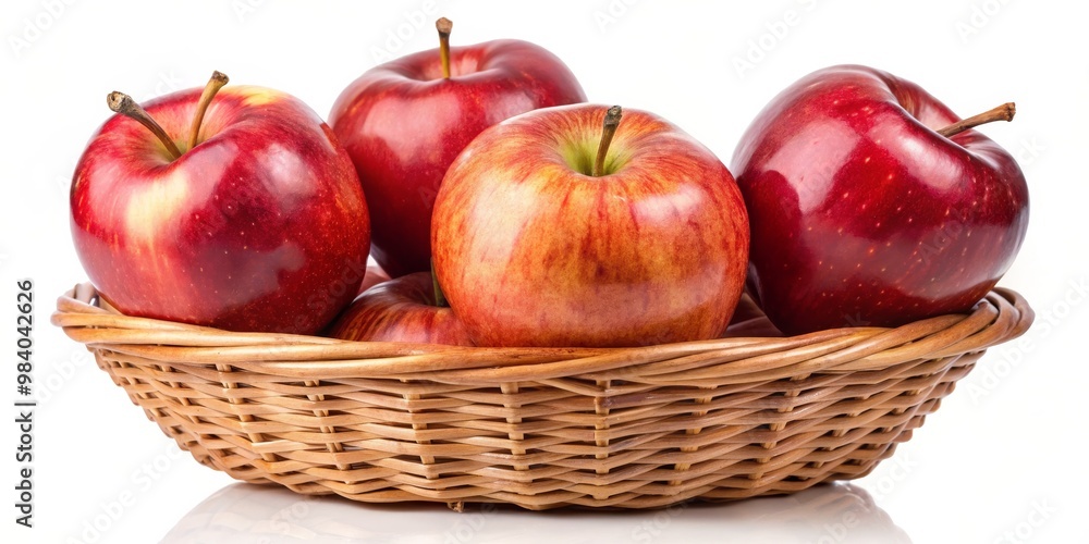 Five Glossy Red Apples in Woven Basket on White Background A Natural Cluster Showcasing Freshness and Abundance with Textural Contrast and Bright, Even Lighting Five Glossy Red Apples in Woven Basket on White Background A Natural Cluster Showcasing Freshness and Abundance with Textural Contrast and Bright, Even Lighting