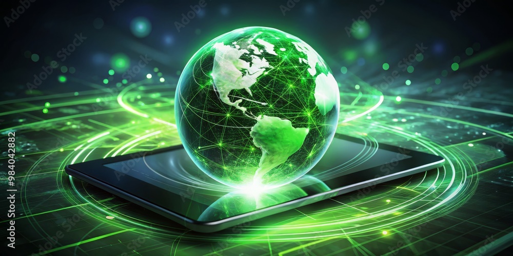 Glowing Green Globe on Sleek Black Tablet A Dynamic Digital Illustration Showcasing Interconnectedness with Radiating Lines, Set Against a Blurred Green Background for Depth and Glowing Green Globe on Sleek Black Tablet A Dynamic Digital Illustration Showcasing Interconnectedness with Radiating Lines, Set Against a Blurred Green Background for Depth and