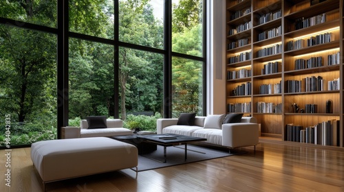 Cozy home library with built-in bookshelves, comfortable seating, and warm lighting