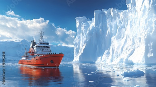 A 3D scene of a polar research ship navigating through icy waters beside a towering iceberg, with scientists onboard observing and measuring its size to study the impact of climate change on the Arcti photo