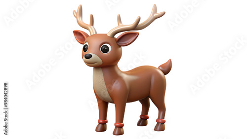 Cute 3D render of a cartoon reindeer with antlers and festive bands on its legs, isolated on a transparent background for holiday designs. 