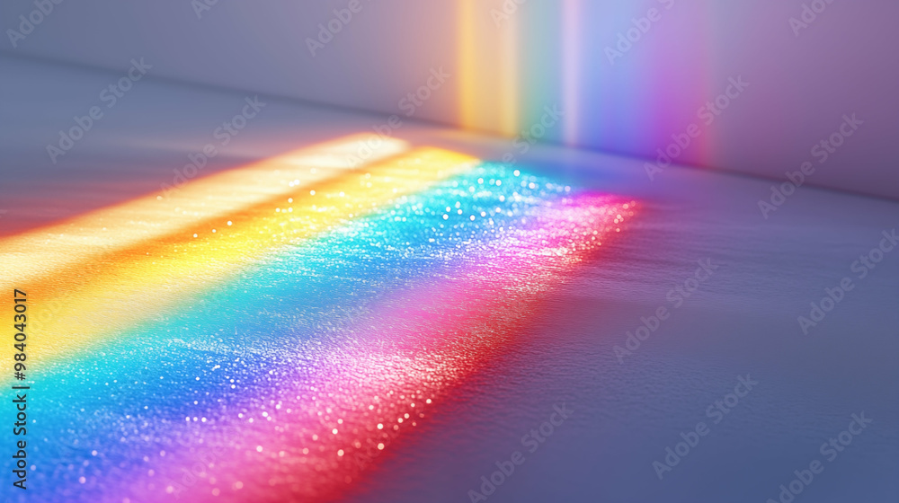 Obraz premium Rainbow light spectrum reflecting on glittery surface indoors. Concept of optical refraction and color dispersion