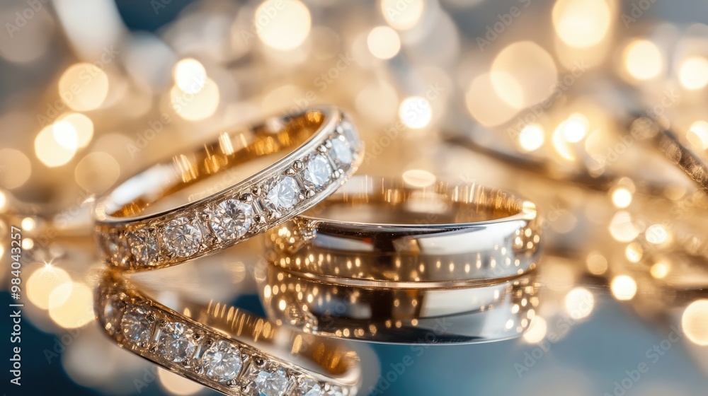 Wedding rings on a reflective surface with a blurred background of lights Wedding rings on a reflective surface with a blurred background of lights