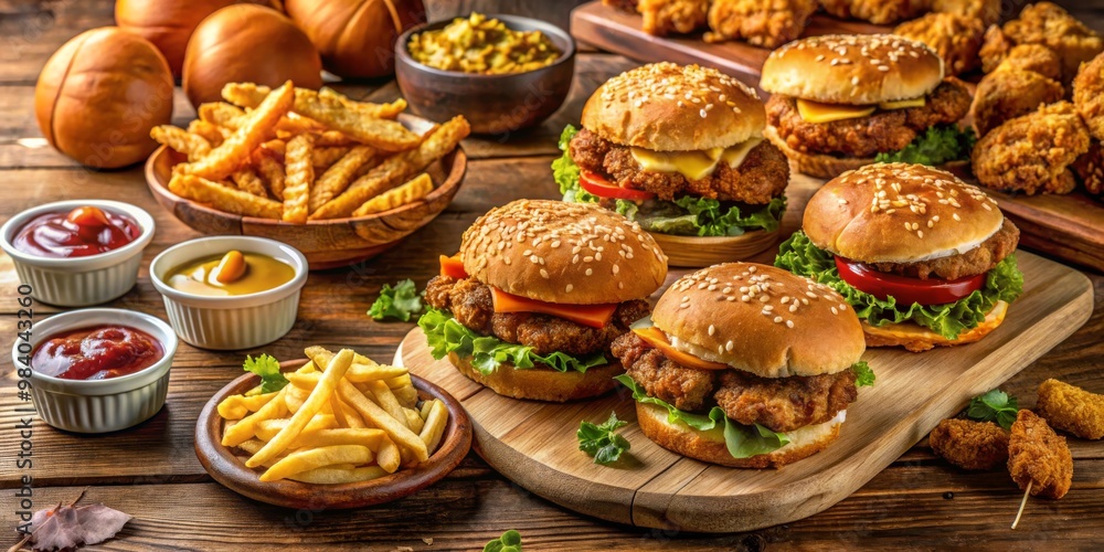 Indulgent Fast Food Feast on Rustic Wooden Table Centered Mini Burgers with Sesame Buns, Juicy Patties, Fries, and Condiments, Accentuated by Warm Colors and Inviting Textures Indulgent Fast Food Feast on Rustic Wooden Table Centered Mini Burgers with Sesame Buns, Juicy Patties, Fries, and Condiments, Accentuated by Warm Colors and Inviting Textures