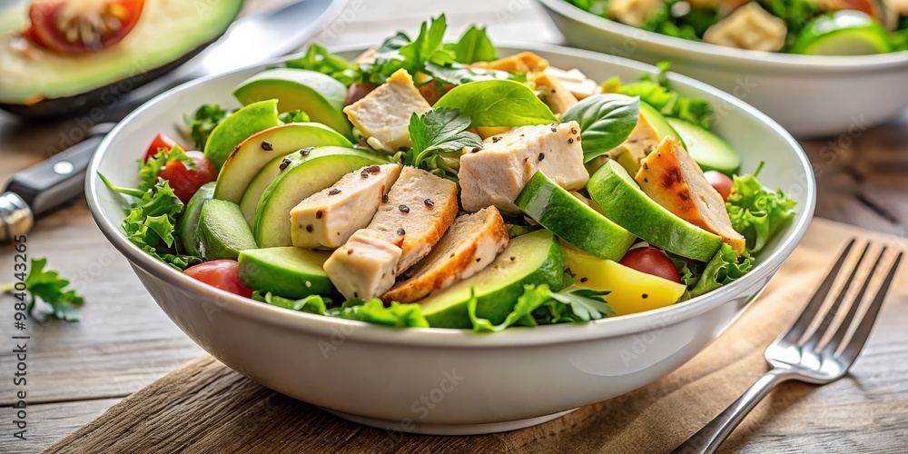 Inviting Close-Up of a Fresh Salad in a Curved White Bowl on Rustic Wooden Table with Blurred Silver Fork; Vibrant Greens, Avocado, Chicken, and Herbs Create a Delicious Healthy Inviting Close-Up of a Fresh Salad in a Curved White Bowl on Rustic Wooden Table with Blurred Silver Fork; Vibrant Greens, Avocado, Chicken, and Herbs Create a Delicious Healthy