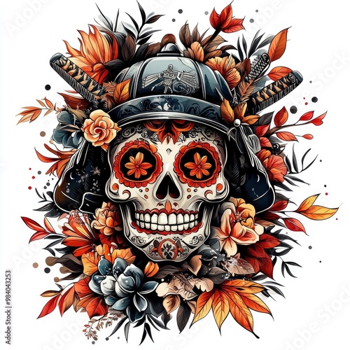 Sugar Skull Samurai with Floral Wreath photo