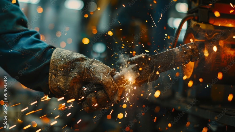 A close-up of a gloved hand welding with bright sparks in the air, showcasing the art of metal craftsmanship and industrial work. A close-up of a gloved hand welding with bright sparks in the air, showcasing the art of metal craftsmanship and industrial work.