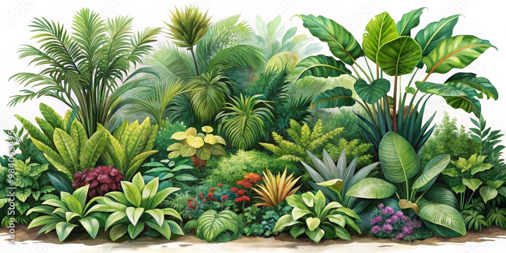 Lush Tropical Garden Painting Horizontal composition with vibrant green leaves in foreground, mixed green-yellow hues in background, and red flowers adding contrasting color for a Lush Tropical Garden Painting Horizontal composition with vibrant green leaves in foreground, mixed green-yellow hues in background, and red flowers adding contrasting color for a
