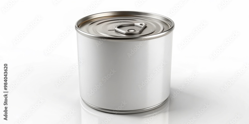 Minimalist Composition of a New Silver and White Food Can with Pull-Tab, Slightly Tilted Against Clean White Background, Emphasizing Depth and Reflective Surfaces Minimalist Composition of a New Silver and White Food Can with Pull-Tab, Slightly Tilted Against Clean White Background, Emphasizing Depth and Reflective Surfaces