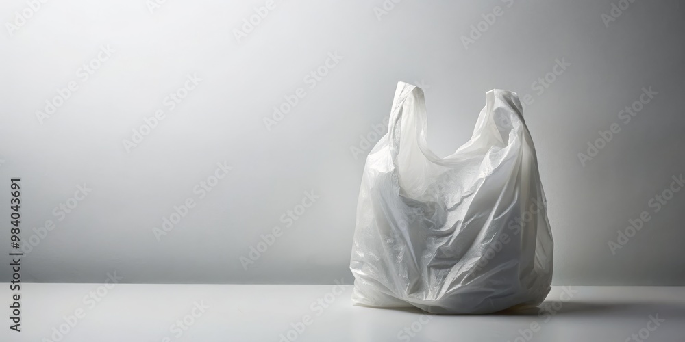 Minimalist Monochrome A Crumpled White Plastic Bag on a White Table, Softly Illuminated to Highlight Texture and Shape Against a Subtle Grey Background Minimalist Monochrome A Crumpled White Plastic Bag on a White Table, Softly Illuminated to Highlight Texture and Shape Against a Subtle Grey Background