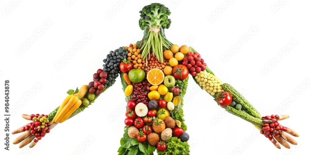 Fototapeta premium Playful Human Figure Crafted from Vibrant Fruits and Vegetables on White Background, Emphasizing Healthy Living and Balanced Diet through Creative and Whimsical Composition