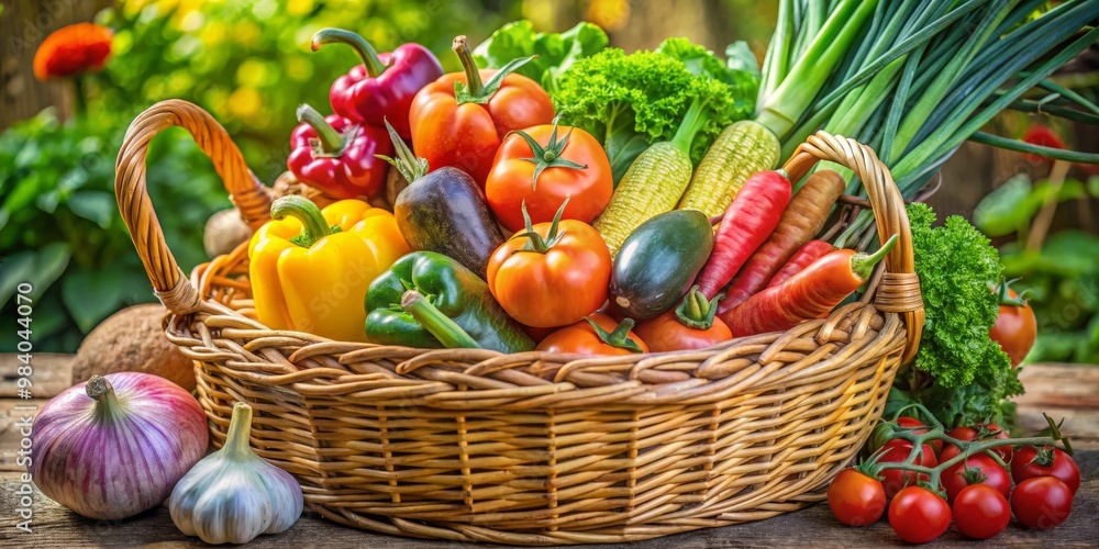 Rustic Still Life of Wicker Basket Overflowing with Vibrant Fresh Produce Juicy Red Tomatoes, Colorful Bell Peppers, Dark Eggplant, Crisp Carrots, Green Zucchini, Lush Scallions Rustic Still Life of Wicker Basket Overflowing with Vibrant Fresh Produce Juicy Red Tomatoes, Colorful Bell Peppers, Dark Eggplant, Crisp Carrots, Green Zucchini, Lush Scallions