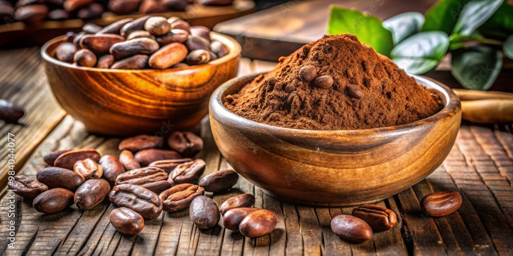 Rustic Still Life of Cocoa Beans and Powder Earthy Dark Browns in Wooden Bowls on Textured Table, Soft Warm Lighting Enhances Richness and Natural Comfort of Chocolate Delights Rustic Still Life of Cocoa Beans and Powder Earthy Dark Browns in Wooden Bowls on Textured Table, Soft Warm Lighting Enhances Richness and Natural Comfort of Chocolate Delights