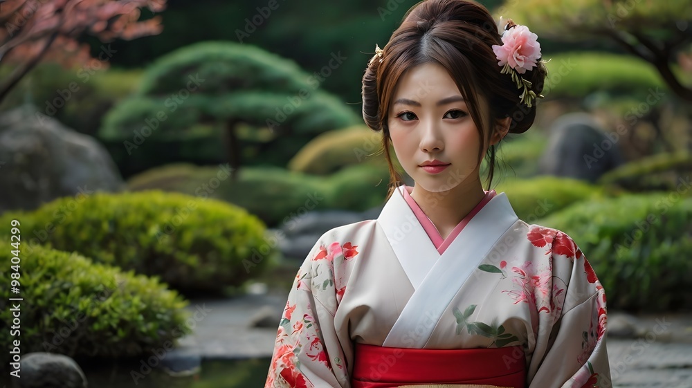 Beautiful Japanese Woman in Kimono in a Japanese Garden.A young woman dressed in a delicate kimono poses in a tranquil Japanese garden. The lush greenery and traditional Japanese elements Beautiful Japanese Woman in Kimono in a Japanese Garden.A young woman dressed in a delicate kimono poses in a tranquil Japanese garden. The lush greenery and traditional Japanese elements