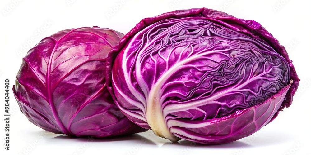 Fototapeta premium Stunning Composition of Two Red Cabbages on White Background Whole Cabbage in Foreground, Partially Opened Cabbage Revealing Inner Layers, Showcasing Vibrant Colors and Organic