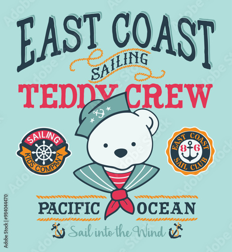 Cute sailor bear skipper kid company sailing team vintage cartoon vector print for baby children wear clothing t shirt