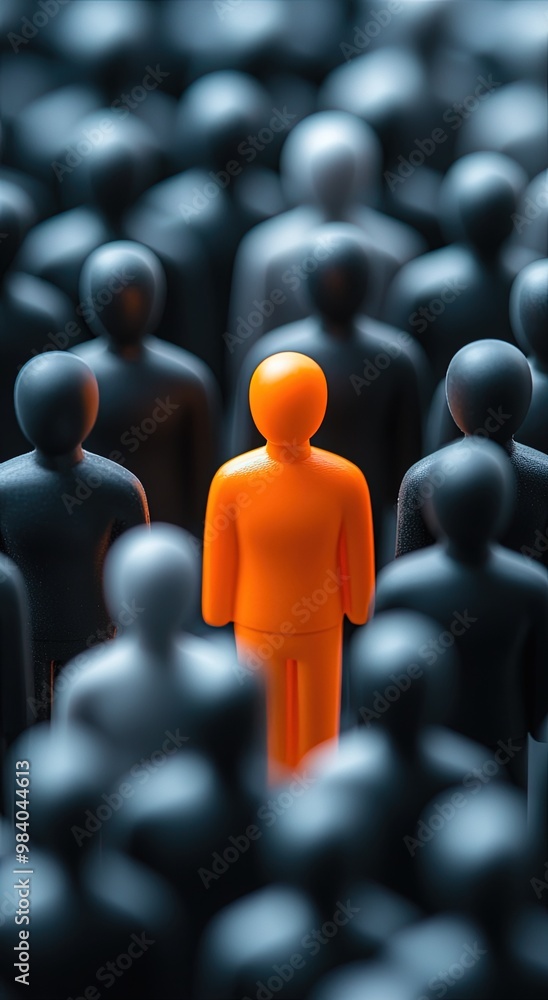 Obraz premium A group of black and white human-shaped figures, with one person in the center standing out from all others as an orange figure.