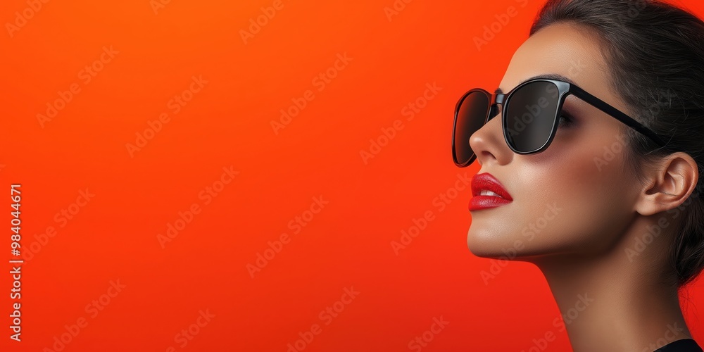 Close-up of a woman wearing sunglasses with a vibrant orange and red background Close-up of a woman wearing sunglasses with a vibrant orange and red background