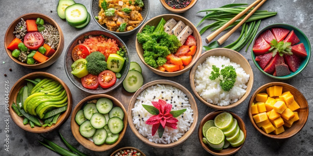 Symmetrical Close-Up of Vibrant Fruits and Vegetables in Wooden Bowls on Gray Surface, Featuring Rice with Red Flower, Chives, and Sliced Red Bell Pepper for a Nutritious Meal Symmetrical Close-Up of Vibrant Fruits and Vegetables in Wooden Bowls on Gray Surface, Featuring Rice with Red Flower, Chives, and Sliced Red Bell Pepper for a Nutritious Meal