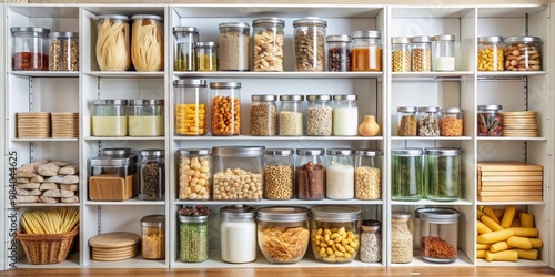 Wallpaper Mural Symmetrical Close-Up of a White Pantry Shelf with Colorful Glass Jars and Containers Filled with Dried Foods, Nuts, and Spices, Showcasing Culinary Abundance and Organization in Torontodigital.ca
