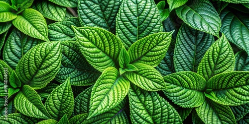 Symmetrical Close-Up of a Cluster of Vibrant Green Leaves Featuring Glossy Texture and Distinct Vein Patterns, Highlighting Depth and Natural Vitality in Organic Composition