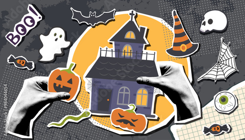 Halloween creepy cute black banner with Halloween house and elements stickers. Halloween background. Halloween concept.