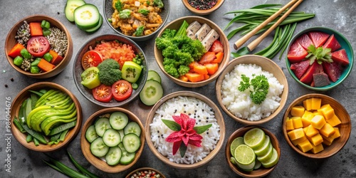 Wallpaper Mural Symmetrical Close-Up of Vibrant Fruits and Vegetables in Wooden Bowls on Gray Surface, Featuring Rice with Red Flower, Chives, and Sliced Red Bell Pepper for a Nutritious Meal Torontodigital.ca
