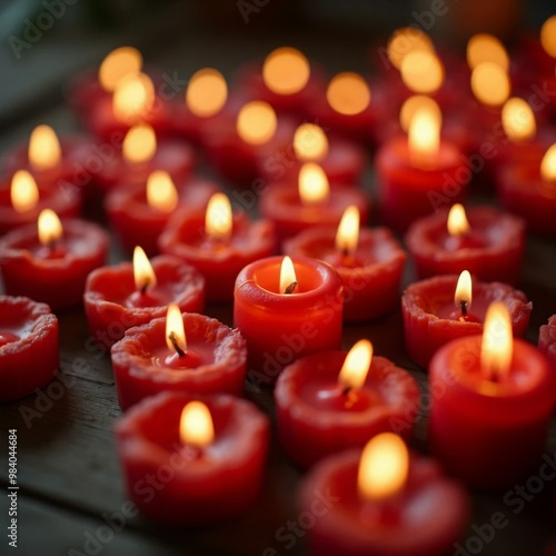 Background image full of red candles with flames creating a warm and romantic atmosphere