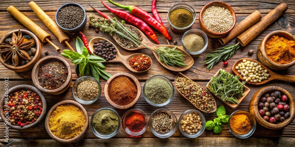 Top-Down View of Vibrant Spices and Herbs in Various Containers on Rich Wooden Surface, Showcasing Culinary Diversity with Warm Colors and Symmetrical Arrangement for Inviting Top-Down View of Vibrant Spices and Herbs in Various Containers on Rich Wooden Surface, Showcasing Culinary Diversity with Warm Colors and Symmetrical Arrangement for Inviting