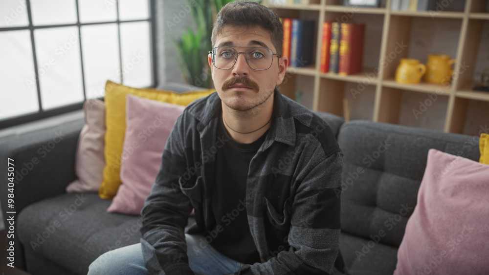 Handsome young hispanic man with glasses and moustache sitting thoughtfully in a modern living room. Handsome young hispanic man with glasses and moustache sitting thoughtfully in a modern living room.