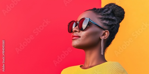 Close-up of a woman wearing sunglasses with a vibrant orange and red background