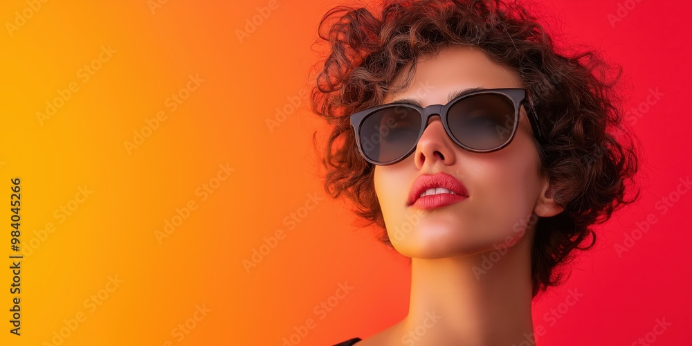 Close-up of a woman wearing sunglasses with a vibrant orange and red background Close-up of a woman wearing sunglasses with a vibrant orange and red background