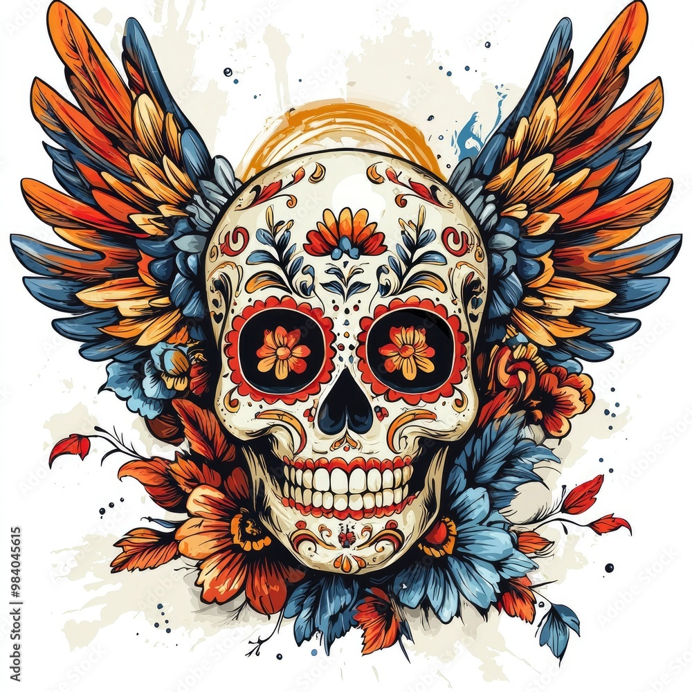 Sugar Skull with Wings and Flowers Sugar Skull with Wings and Flowers
