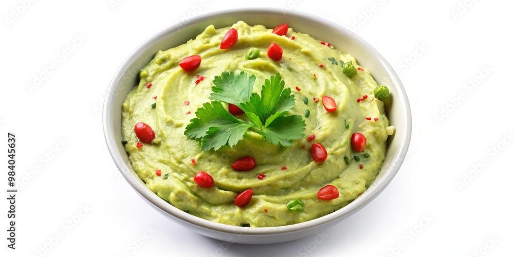 Vibrant Guacamole in a White Bowl with Red Peppers and Parsley, Against a Clean White Background - A Fresh, Appetizing Mexican Dip Focused with Shallow Depth of Field