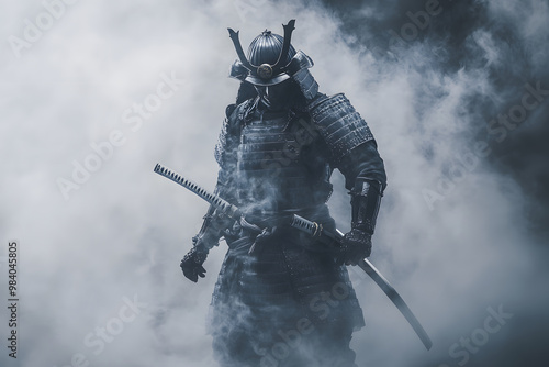 日本刀を構える武士の戦闘態勢 - 伝統と戦士の精神を象徴する強力なイメージ