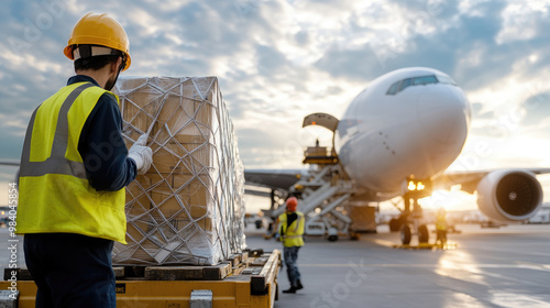 Efficient air freight logistics operation with workers handling cargo at an airport. scene captures teamwork and precision involved in loading packages onto an aircraft