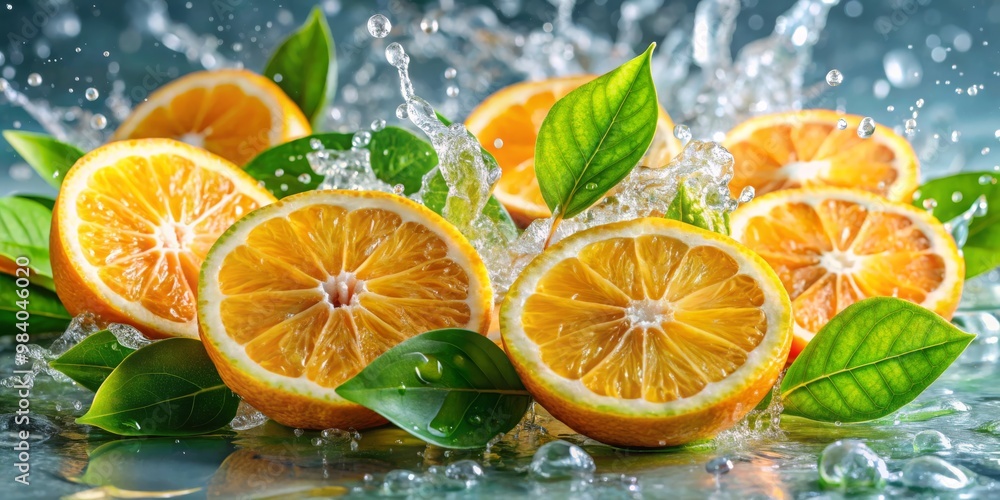 Vibrant Still Life of Juicy Sliced Oranges Surrounded by Green Leaves in Fresh Water Splash, Capturing Motion and Summer Essence with Bright Colors and Depth Vibrant Still Life of Juicy Sliced Oranges Surrounded by Green Leaves in Fresh Water Splash, Capturing Motion and Summer Essence with Bright Colors and Depth