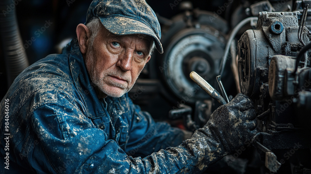 Portrait of a mechanic repairing a machine, covered in grease, holding tools, symbolizing skilled labor, dedication to craftsmanship, and hard work in industrial maintenance. Portrait of a mechanic repairing a machine, covered in grease, holding tools, symbolizing skilled labor, dedication to craftsmanship, and hard work in industrial maintenance.
