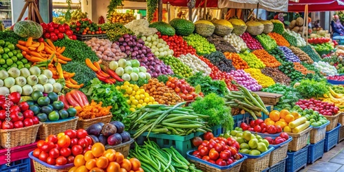 Vibrant Still Life of Market Stall Overflowing with Fresh Produce Diagonal Composition of Colorful Fruits and Vegetables, Textured Layers, Rustic Baskets, Evoking Joy and